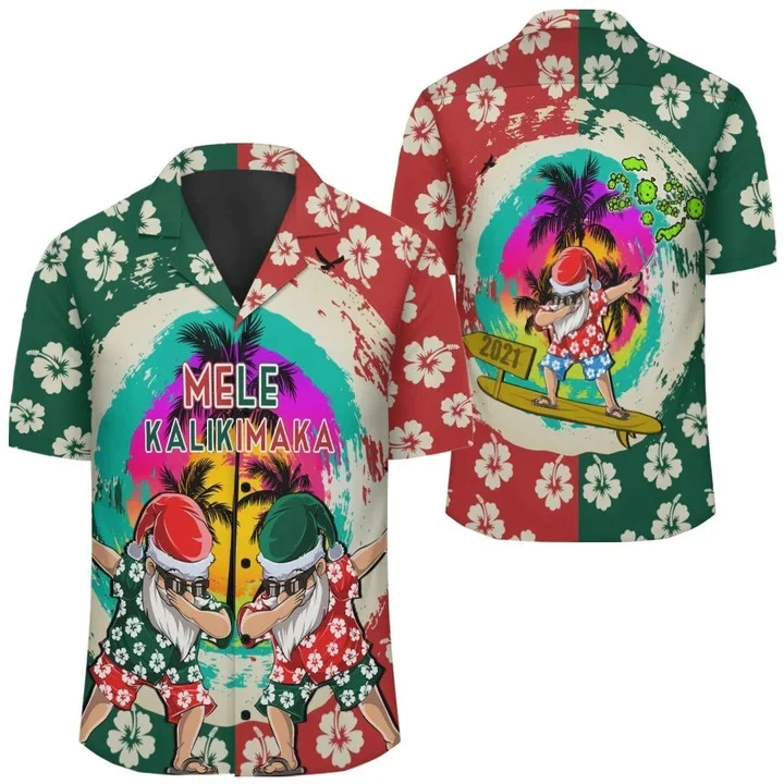 Green And Red Hawaii Mele Kalikimaka Dabbing Santa Surfing Trendy Hawaiian Shirt, Summer Short Sleeve Hawaiian Aloha Shirt