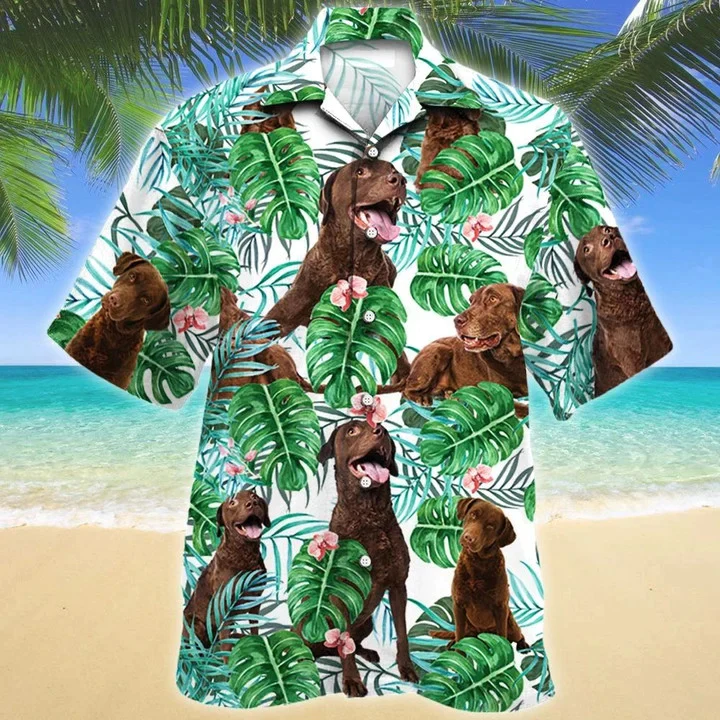 Green And White Theme Chesapeake Bay Retriever Dog Tropical Plant Trendy Hawaiian Shirt Green And White Theme Chesapeake Bay Retriever Dog Tropical Plant Trendy Hawaiian Shirt