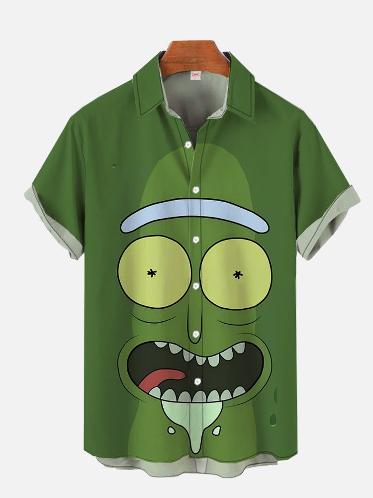Green Cartoon Characters Cucumber Printing Costume Short Sleeve Aloha Hawaiian Shirt