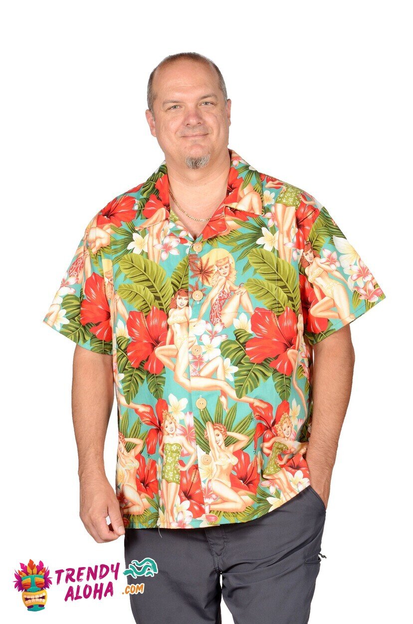 Green Island Girl Retro Pattern Casual Hawaiian Shirt for Beach Outings