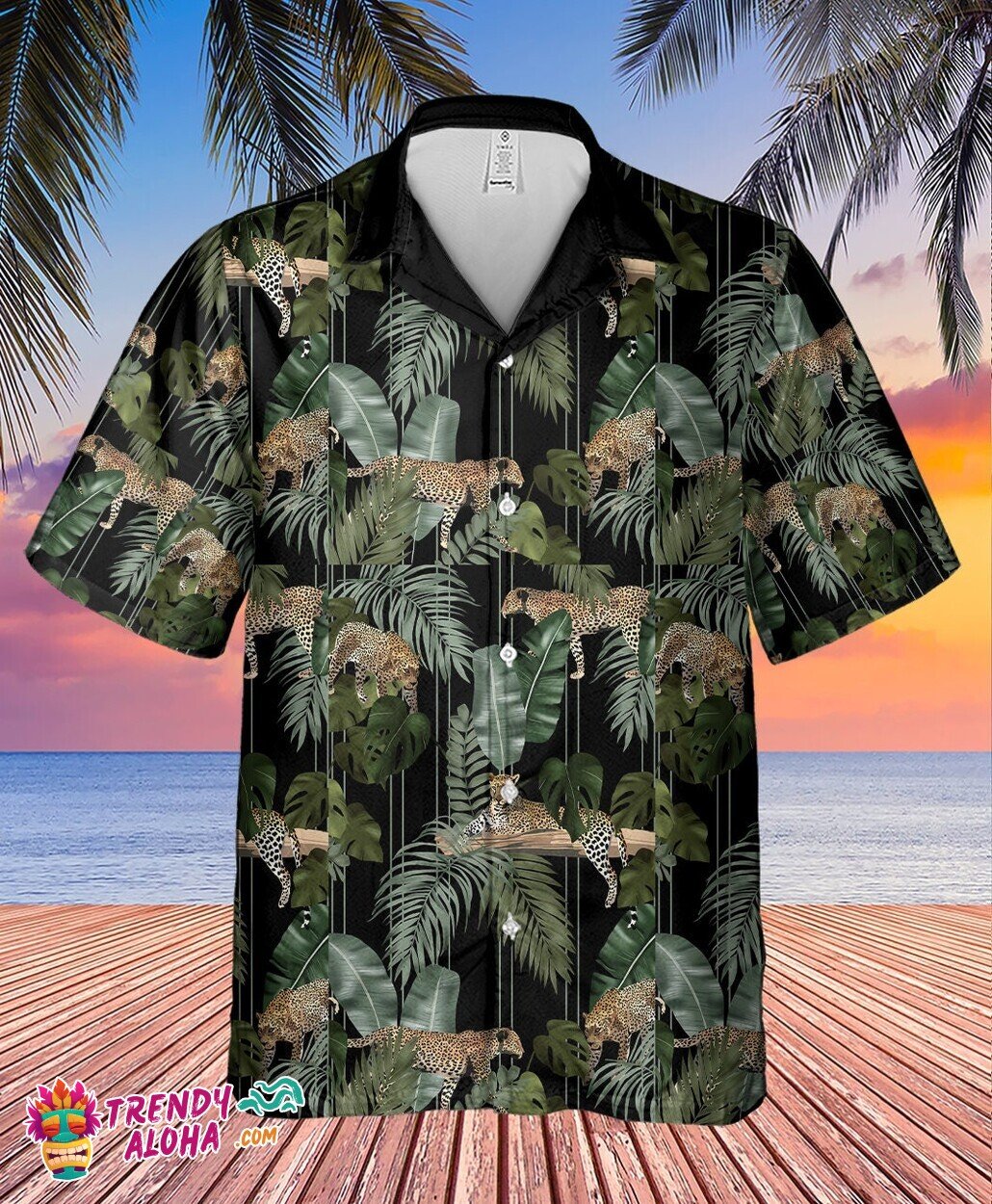 Green Jaguars Tropical Hawaiian Aloha Summer Button Men’s Shirt