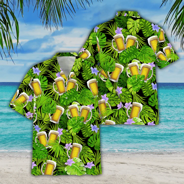 Green Palm Leave And Beer Watercolor Design Trendy Hawaiian Shirt