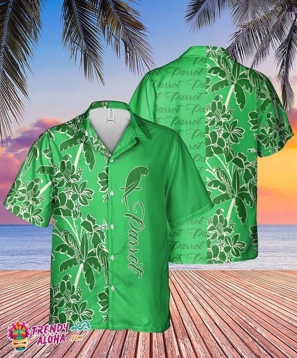Green Parrot Tropical Garden Hawaiian Aloha Summer Button Shirt