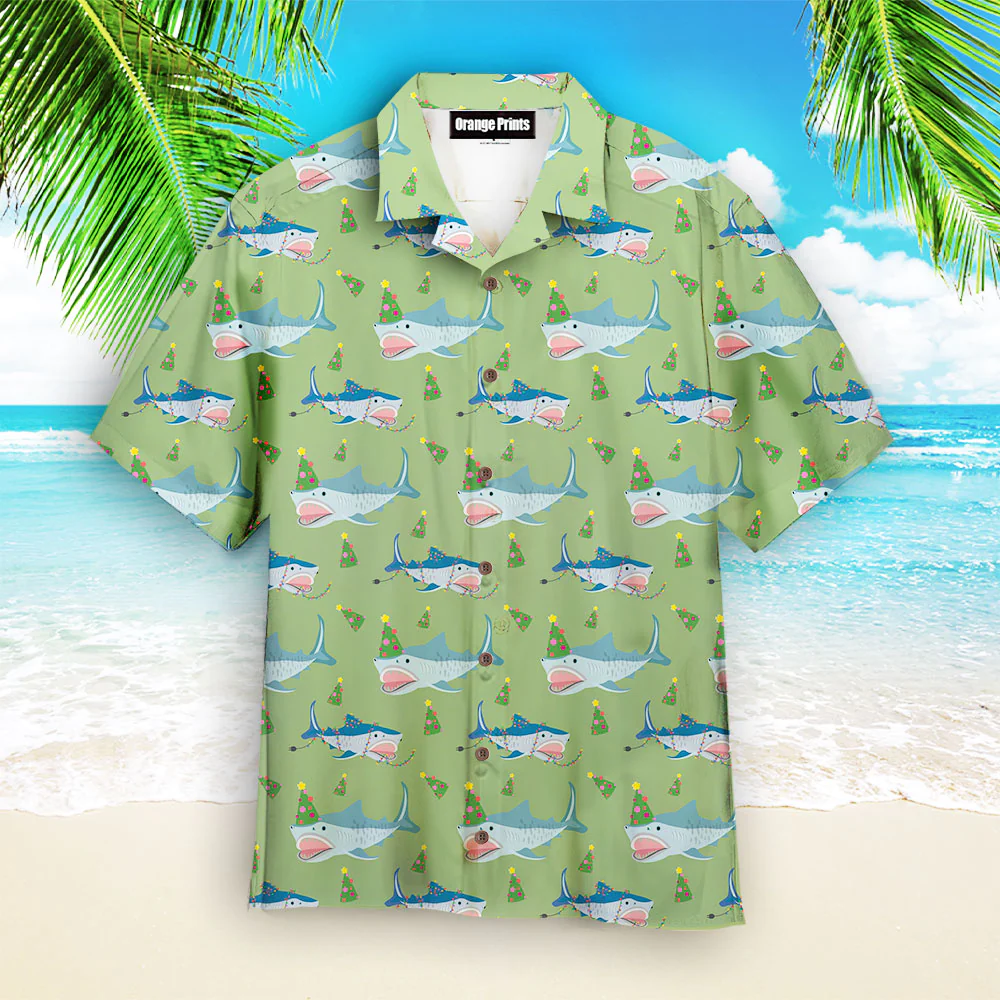 Green Shark Love Christmas In July Trendy Hawaiian Shirt For Aloha Shirt