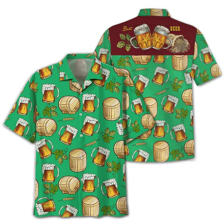 Green Theme Beer Wooden Barrel Trendy Hawaiian Shirt, Summer Aloha Hawaii Shirt For Men Women