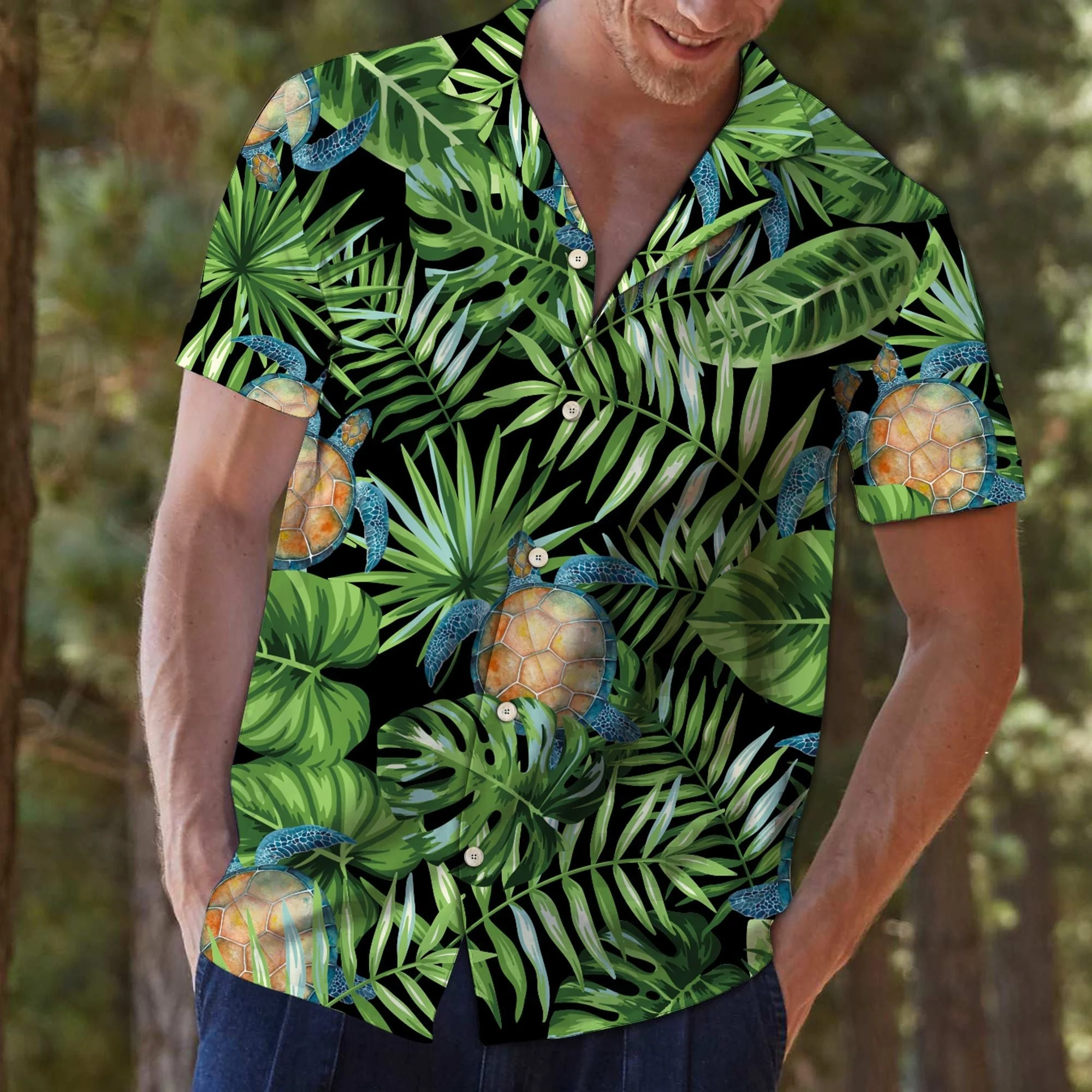 Green Tropical Design Hawaiian Shirt for Turtle Lovers