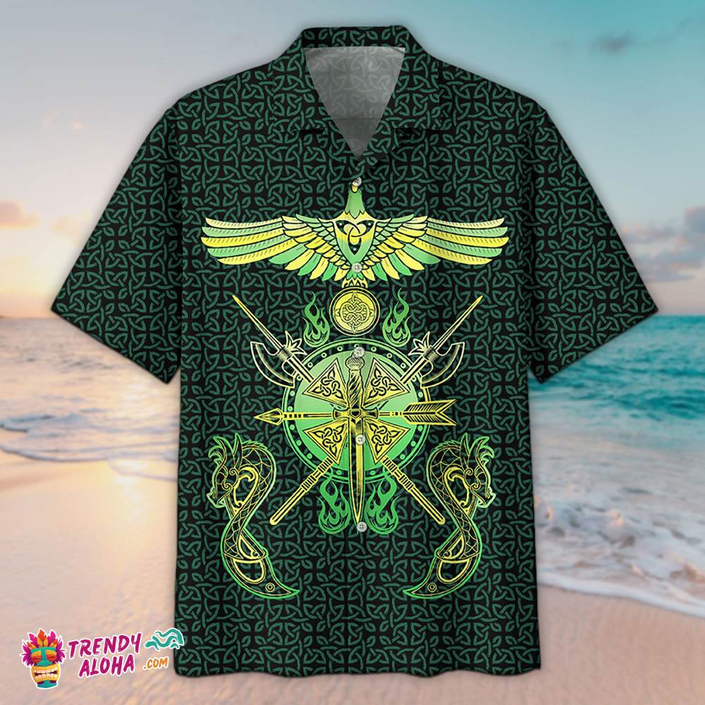 Green Viking Raven And Dragon Hawaiian Aloha Beach Shirt