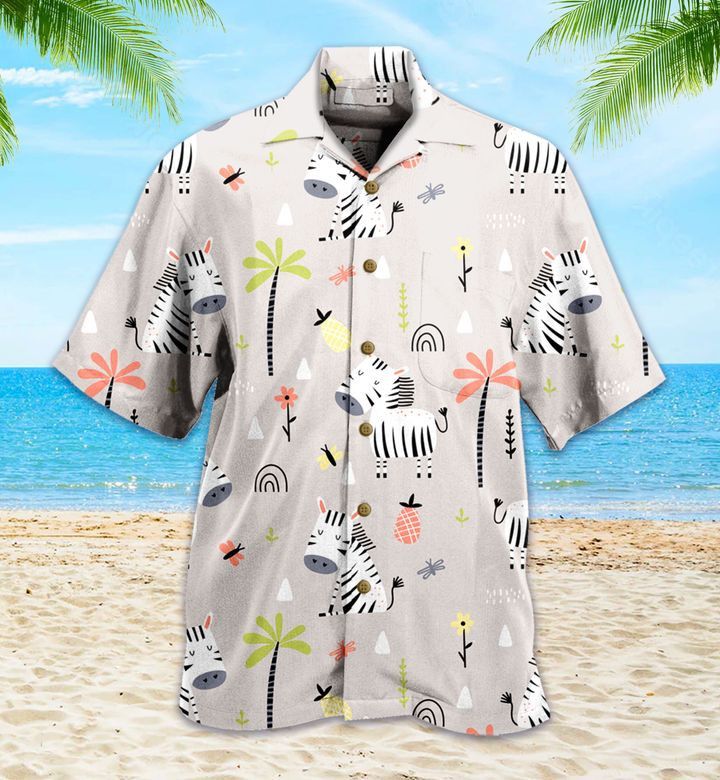 Grey Palm Decorated Cute Zebra Hawaiian Shirt