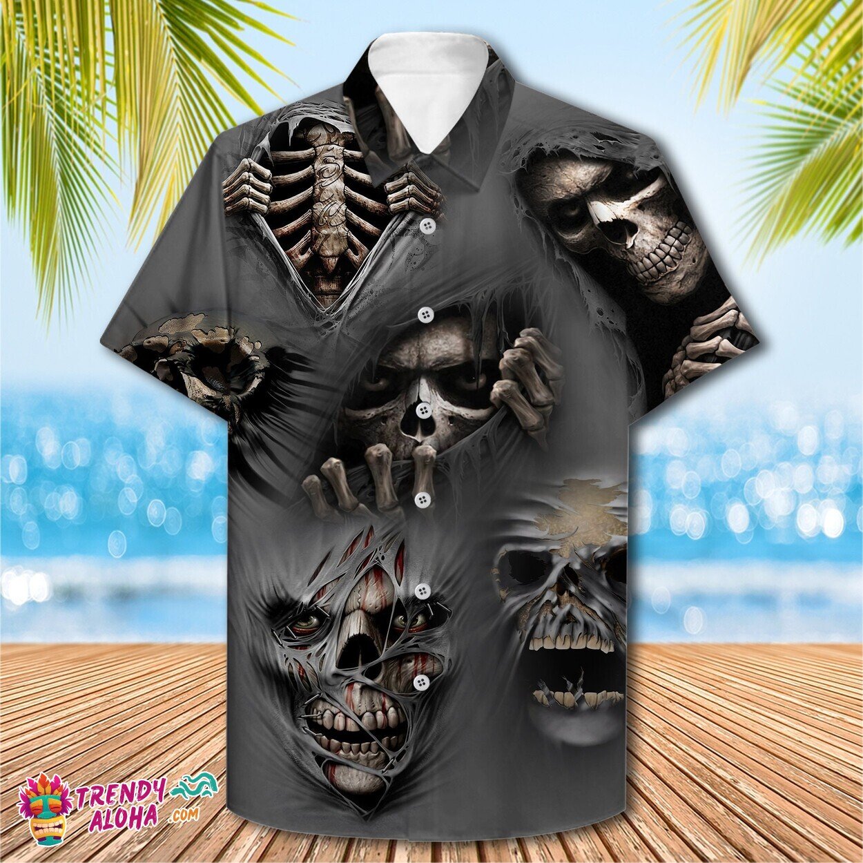 Grey Scary Skull Ghosts Skeletons Premium Halloween Hawaiian Top