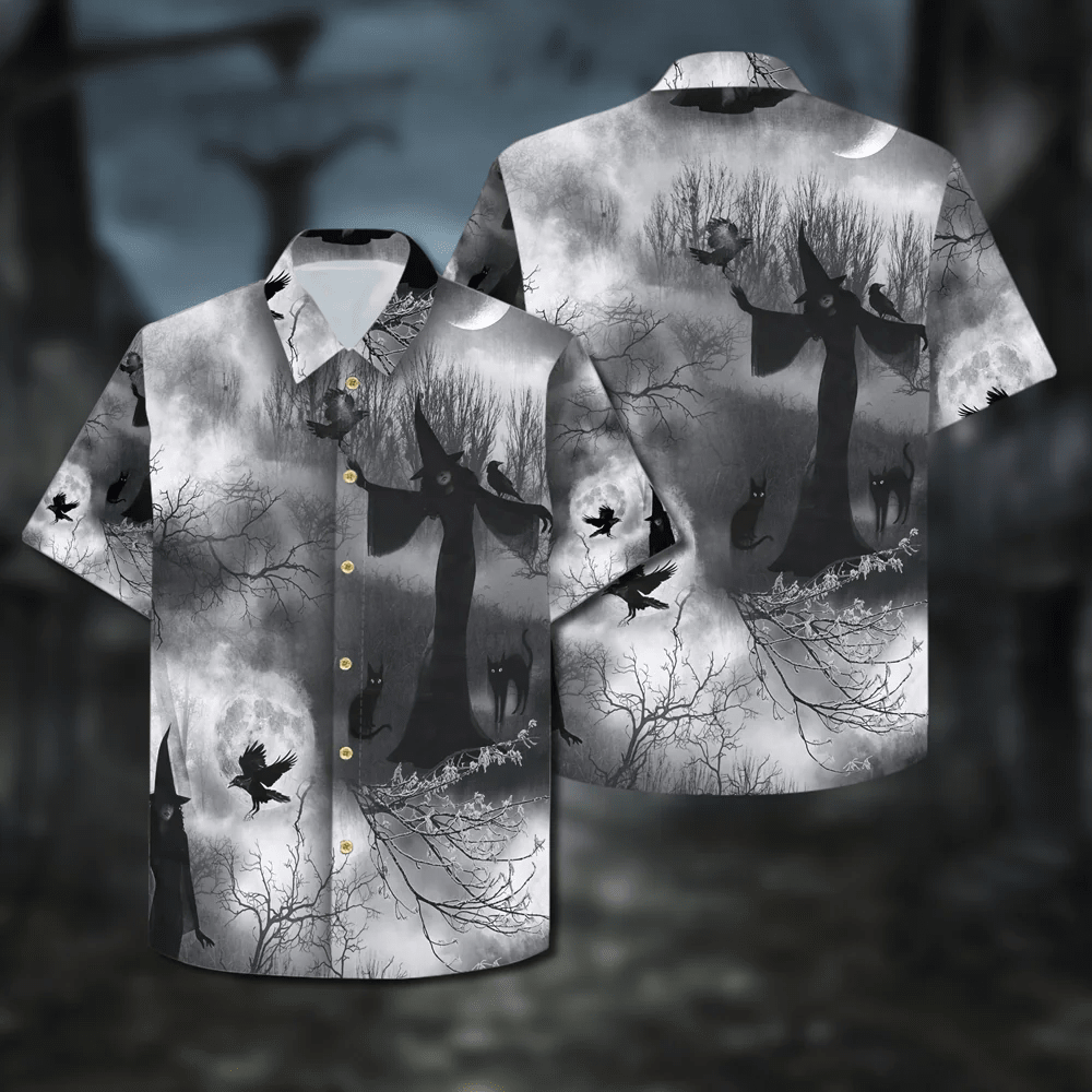 Grey Wicked Fog Witch Halloween Trendy Hawaiian Shirt, Unisex Print Aloha Short Sleeve Casual Shirt