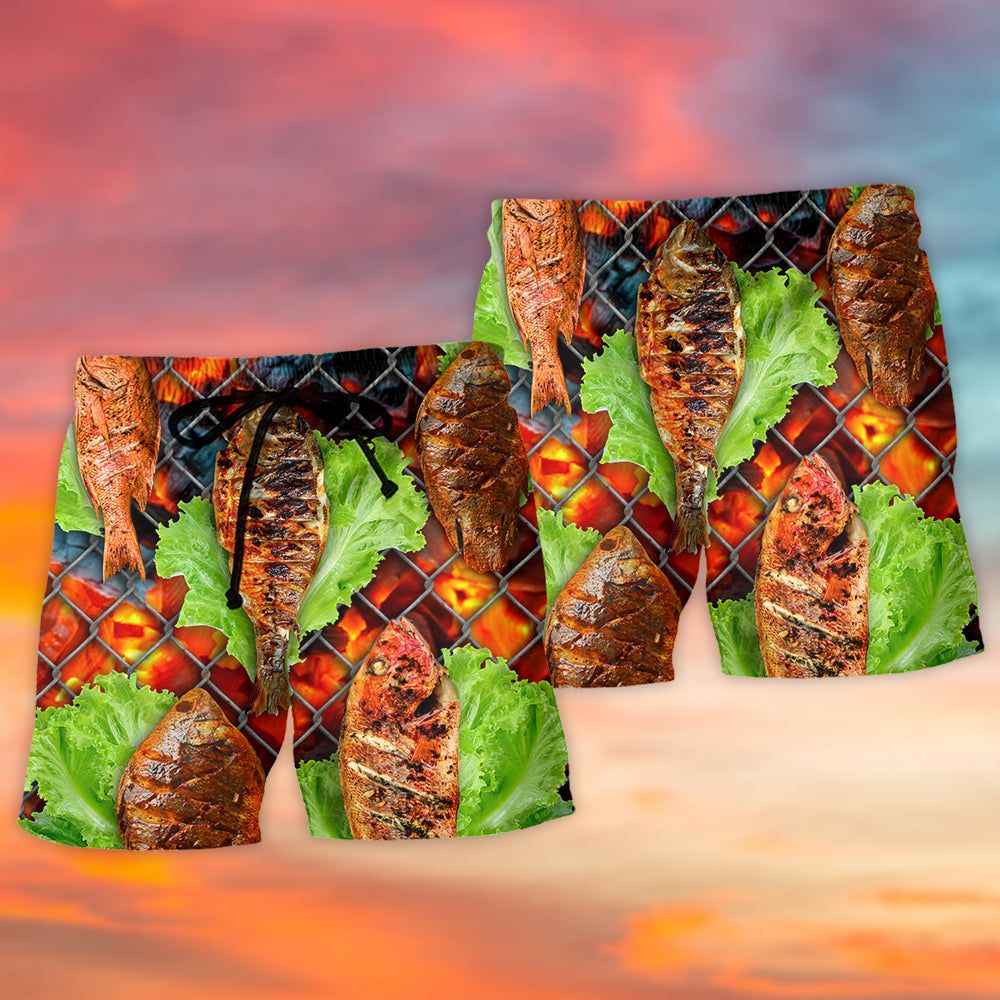 Grilled Fish Bbq Style Trendy Aloha Hawaiian Beach Shorts