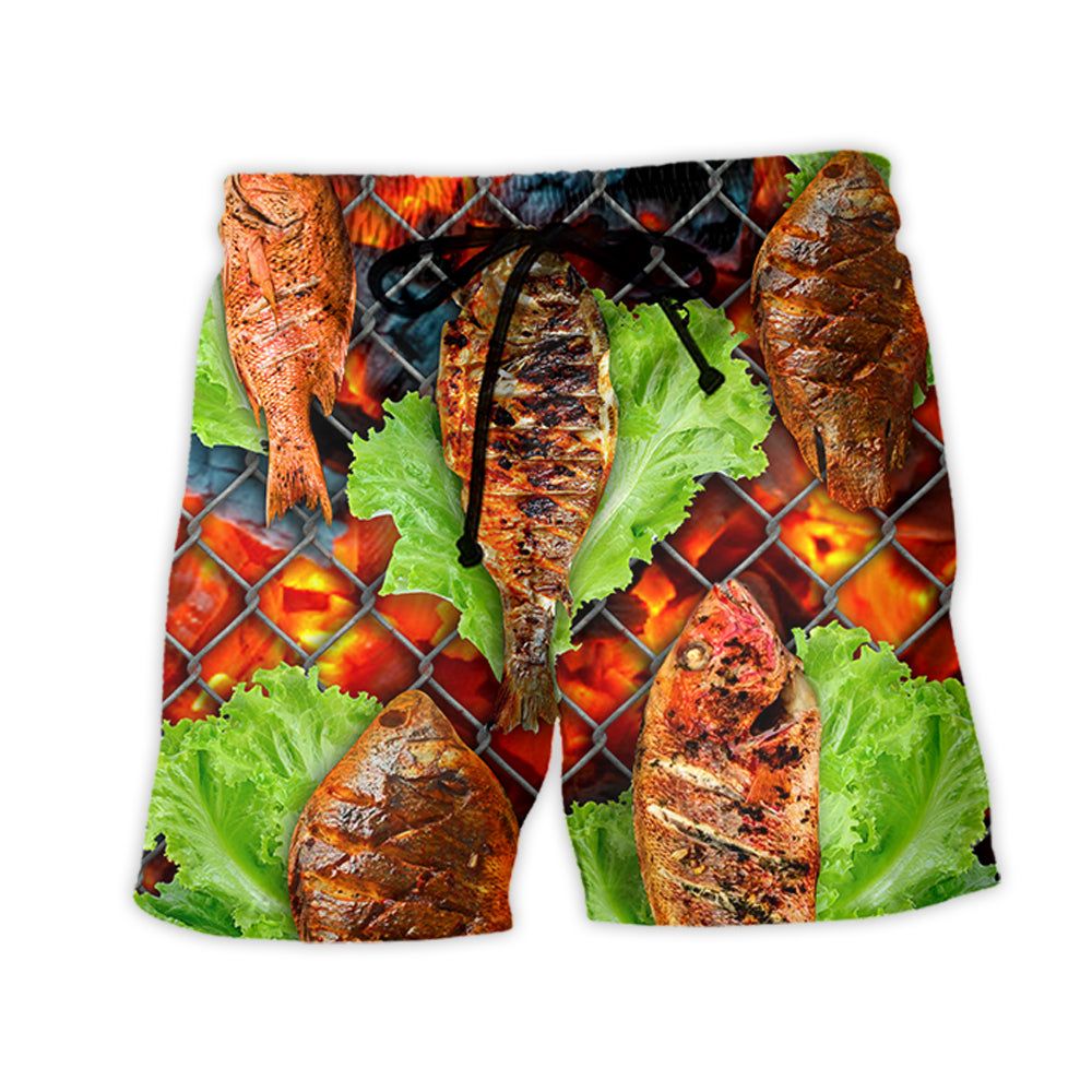 Grilled Fish Bbq Style Trendy Aloha Hawaiian Beach Shorts