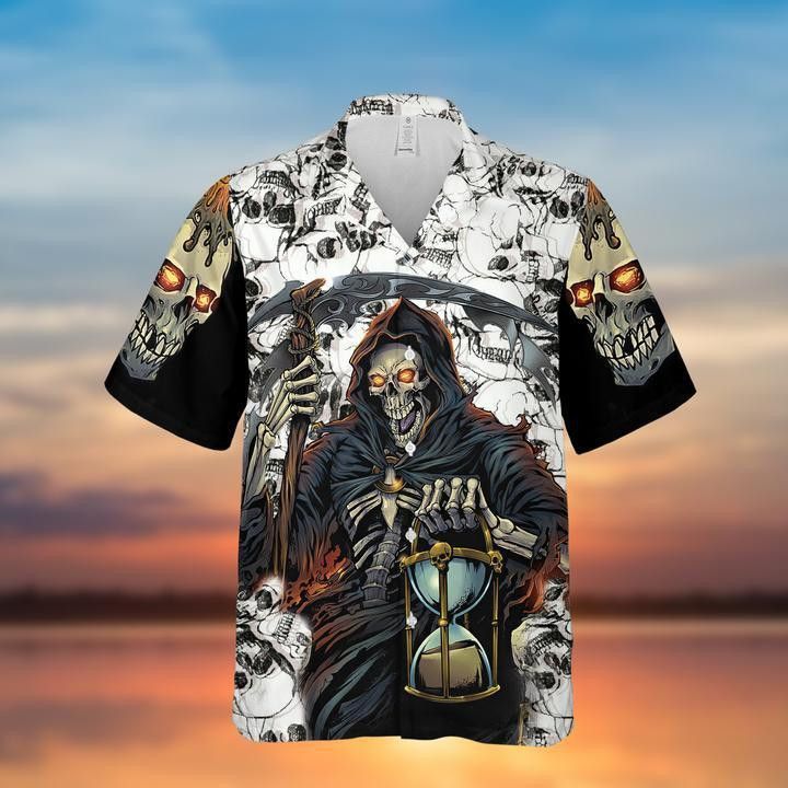 Grim Reaper Keeps Track Of Time Halloween Trendy Hawaiian Shirt, Unisex Print Aloha Short Sleeve Casual Shirt