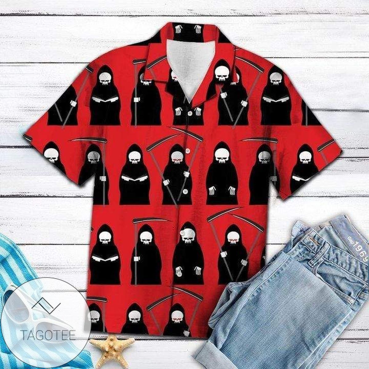 Grim Reaper’s Aura Amplified On Red Hawaiian Shirt Background