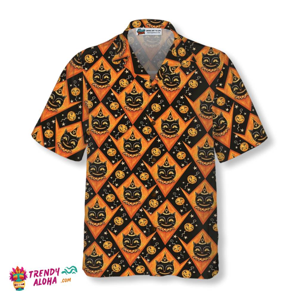 Grinning Black Cats Halloween Hawaiian Shirt For Men, Black And Pumpkin Orange Harlequin Pattern Hawaiian Shirt
