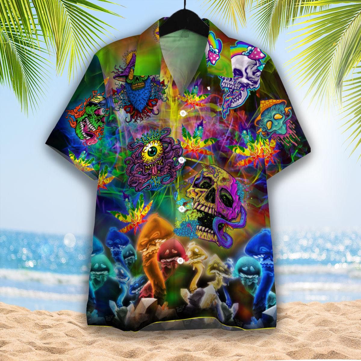 Groovy Journeys Await with Hippie Skull Hawaiian Threads