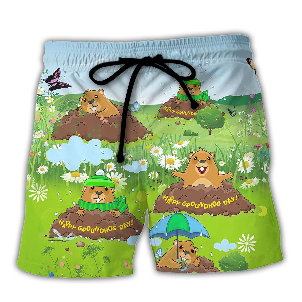 Groundhog Day Cute Happy Day Grass Garden Trendy Aloha Hawaiian Beach Shorts Groundhog Day Cute Happy Day Grass Garden Trendy Aloha Hawaiian Beach Shorts