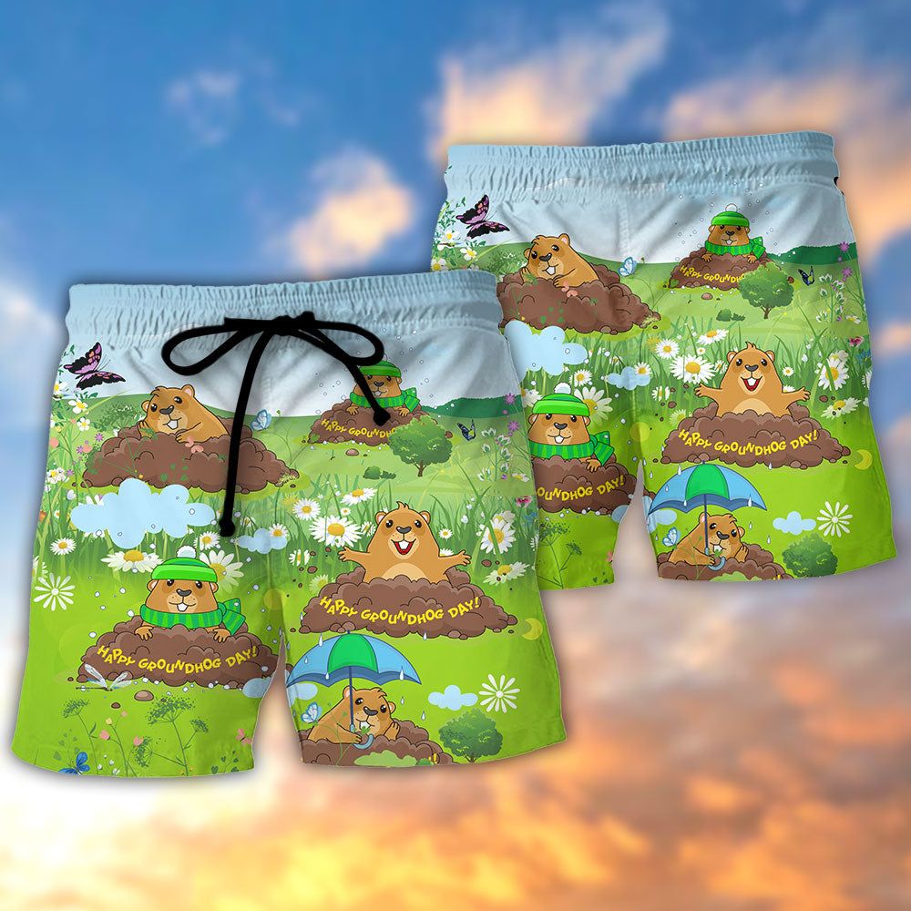 Groundhog Day Cute Happy Day Grass Garden Trendy Aloha Hawaiian Beach Shorts