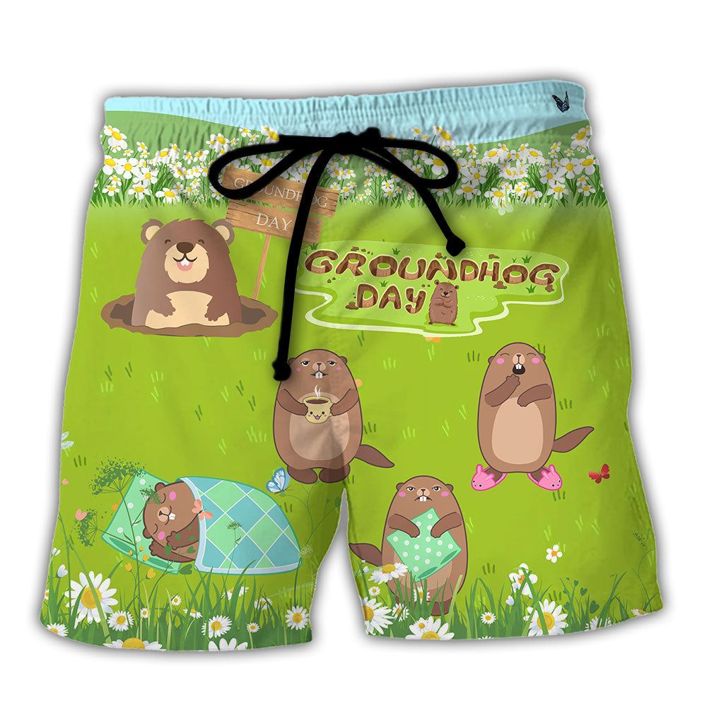 Groundhog Lover Day Happy Spring Day With Grass Flowers Trendy Aloha Hawaiian Beach Shorts Groundhog Lover Day Happy Spring Day With Grass Flowers Trendy Aloha Hawaiian Beach Shorts