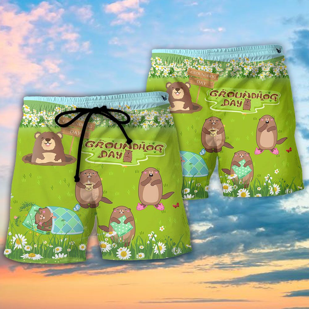 Groundhog Lover Day Happy Spring Day With Grass Flowers Trendy Aloha Hawaiian Beach Shorts