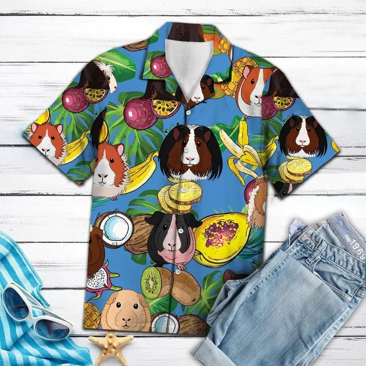 Guinea Pig Love Fruit On Blue Trendy Hawaiian Shirt
