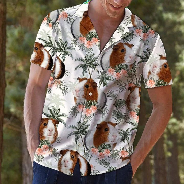 Guinea Pig With Flowers And Leaves Hawaiian Shirt, Summer Short Sleeve Hawaiian Aloha Shirt