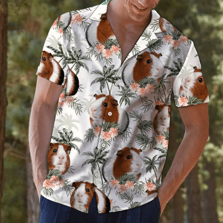 Guinea Pig With Flowers And Leaves Trendy Hawaiian Shirt, Summer Short Sleeve Hawaiian Aloha Shirt