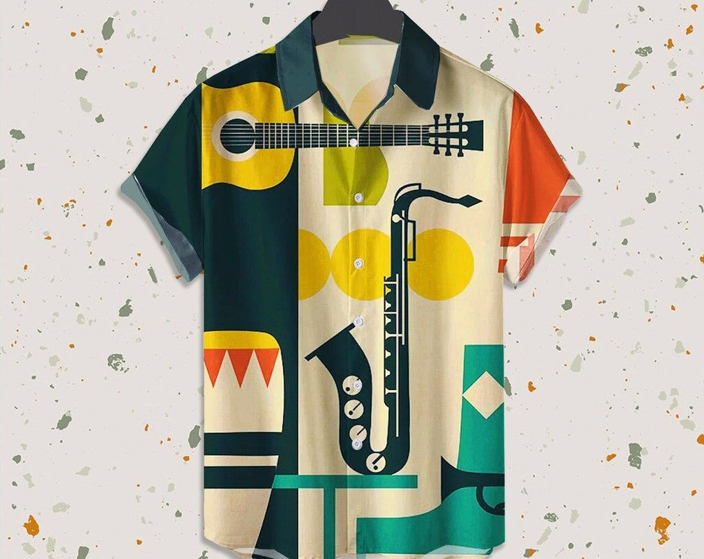 Guitar & Saxophone Print Trendy Hawaiian Shirt, Tropical Beach Shirt Button Down Shirt, Hawaiian Set Gift, Gifts For Bachelor Party, Shirt Funny.