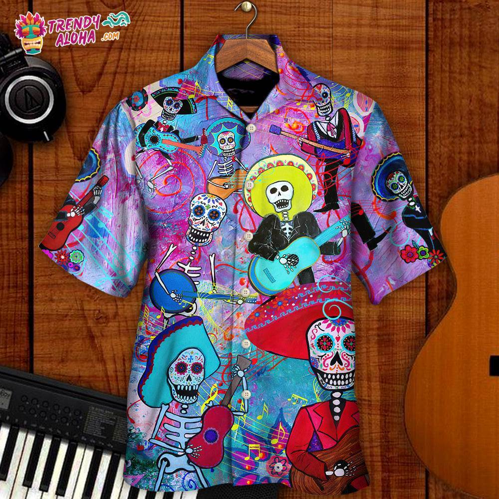 Guitar Day Of The Dead Sugar Skull Hawaiian Shirt Trendy Aloha