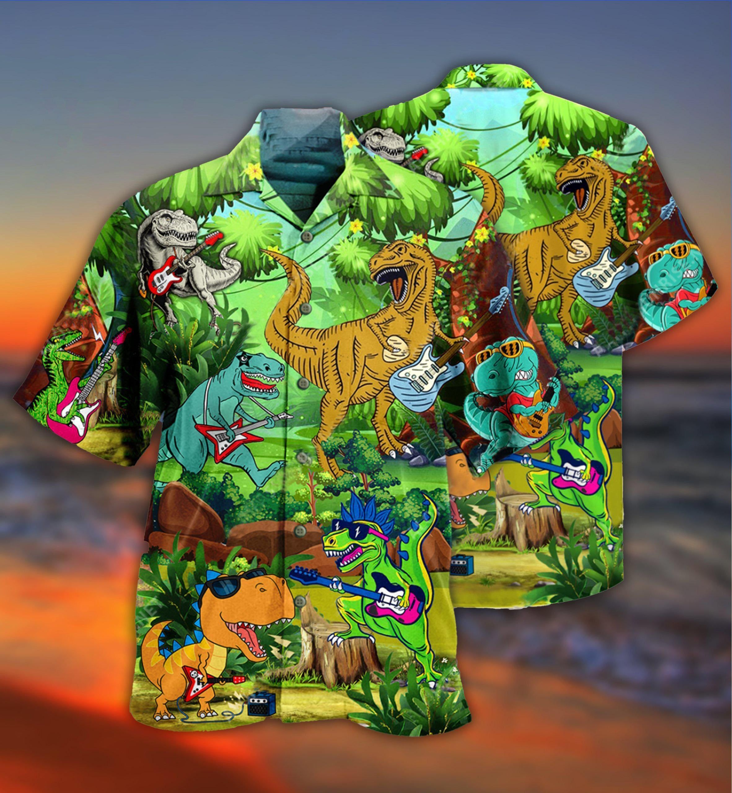 Guitar Dinosaur Play Guitar Like A Star Hawaiian Shirt