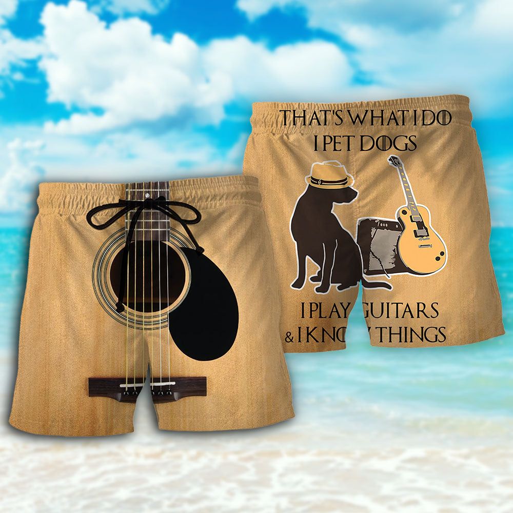 Guitar I Pet Dog I Play Guitar I Know Things Trendy Aloha Hawaiian Beach Shorts