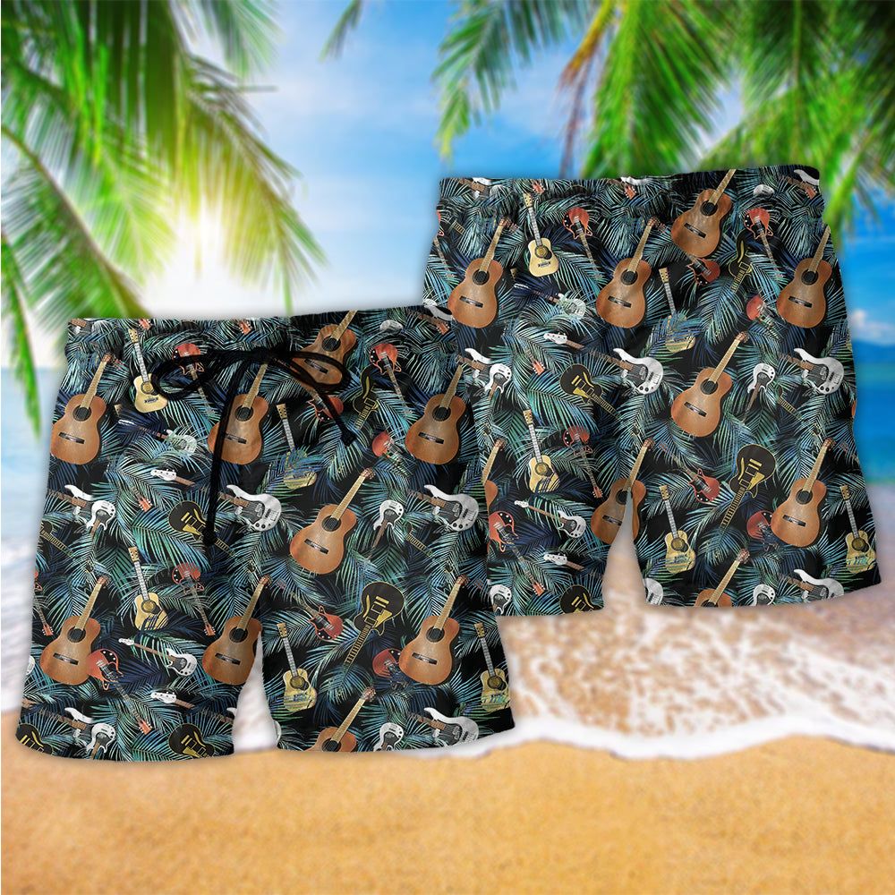 Guitar Love Life Tropical Leaf Trendy Aloha Hawaiian Beach Shorts