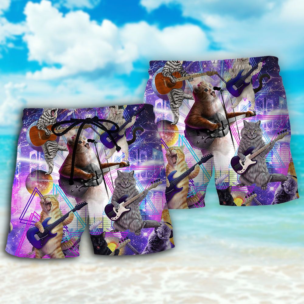 Guitar Music Cat Playing Guitar And Galaxy Trendy Aloha Hawaiian Beach Shorts