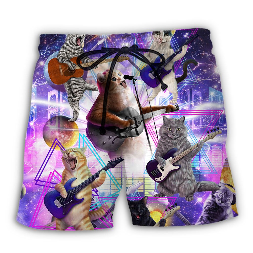 Guitar Music Cat Playing Guitar And Galaxy Trendy Aloha Hawaiian Beach Shorts
