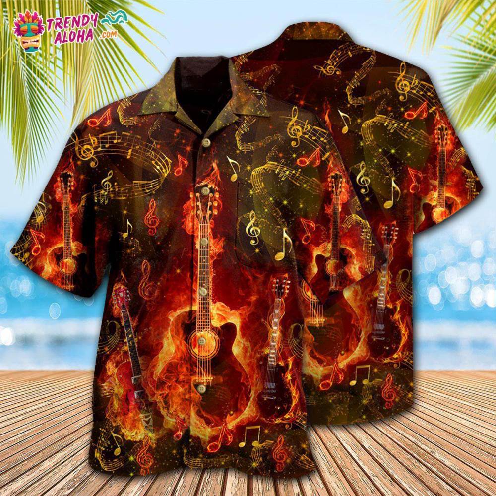 Guitar Music Guitar Where Words Fail Music Speak Flaming Hawaiian Shirt – Trendy Aloha
