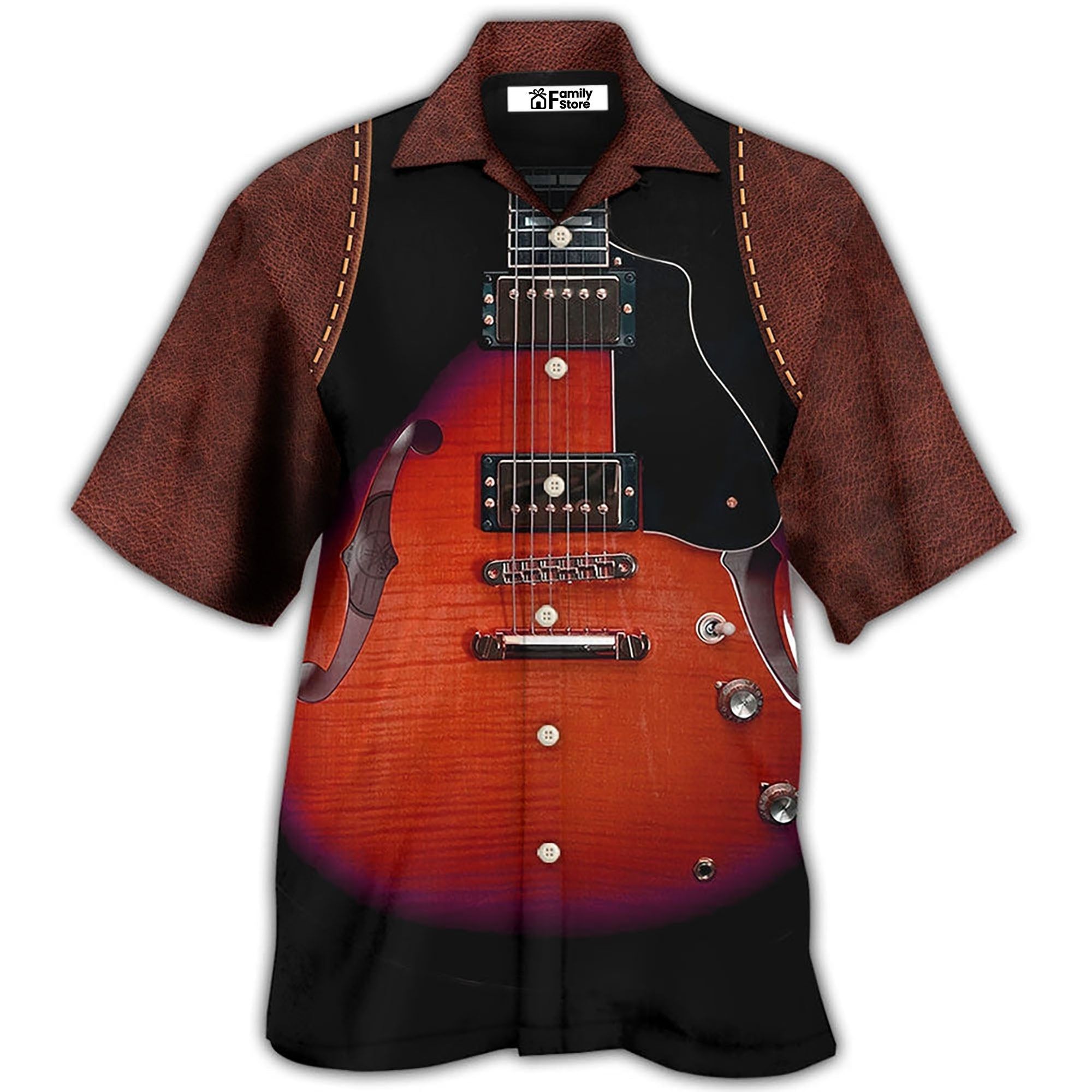 Guitar Red Vintage Leather Hawaiian Shirt