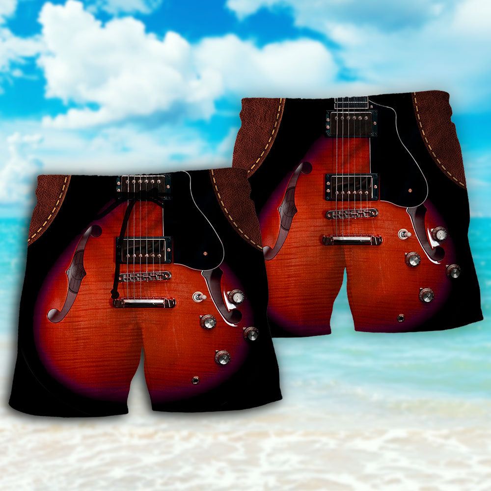 Guitar Red Vintage Leather Trendy Aloha Hawaiian Beach Shorts