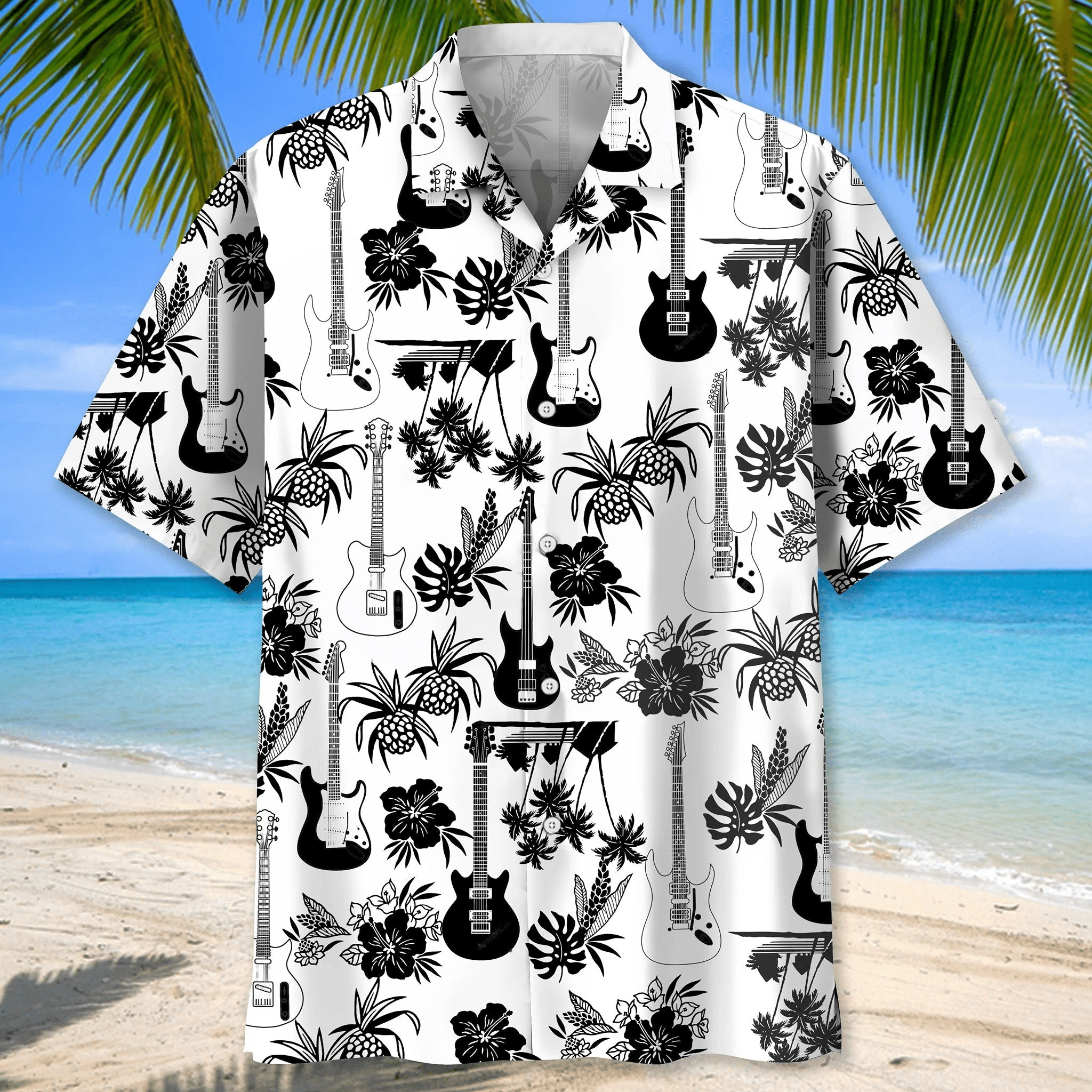 Guitar Trendy Hawaiian Shirt Black And White Pineapples Hibiscus