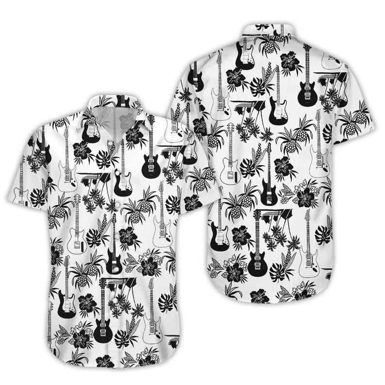 Guitar Trendy Hawaiian Shirt, Black Electric Guitar And Pineapple