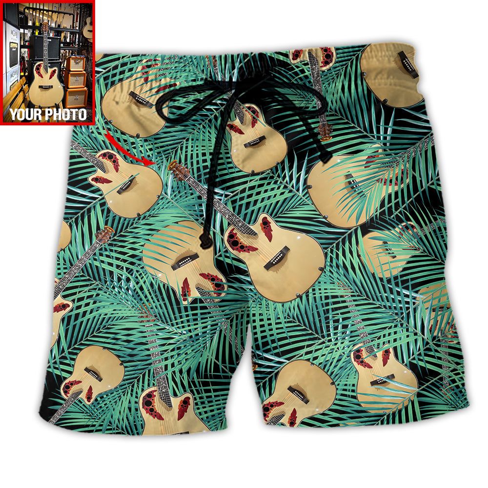 Guitar Tropical Leaf Green Custom Photo Trendy Aloha Hawaiian Beach Shorts Guitar Tropical Leaf Green Custom Photo Trendy Aloha Hawaiian Beach Shorts
