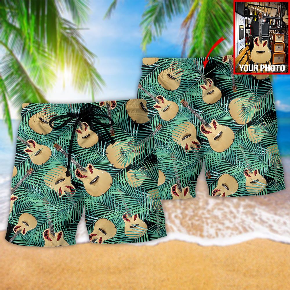 Guitar Tropical Leaf Green Custom Photo Trendy Aloha Hawaiian Beach Shorts