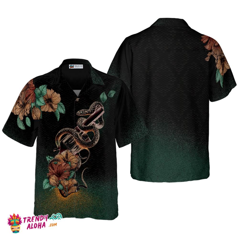 Gun And Snake Vintage Hawaiian Shirt, Hibiscus Flowers Black Hawaiian Shirt For Men