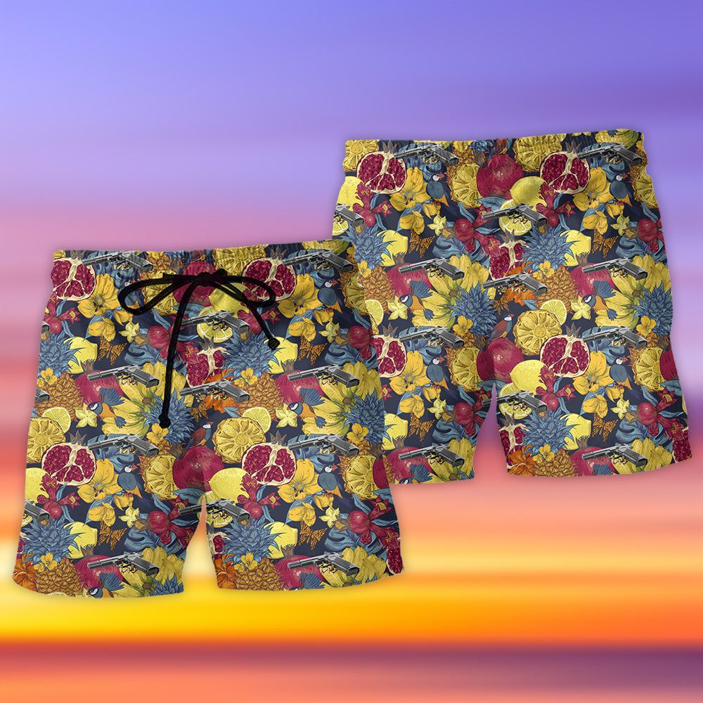 Gun In Death Skull Hand Tropical Trendy Aloha Hawaiian Beach Shorts