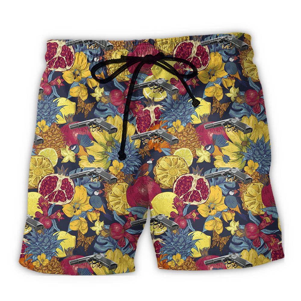 Gun In Death Skull Hand Tropical Trendy Aloha Hawaiian Beach Shorts Gun In Death Skull Hand Tropical Trendy Aloha Hawaiian Beach Shorts
