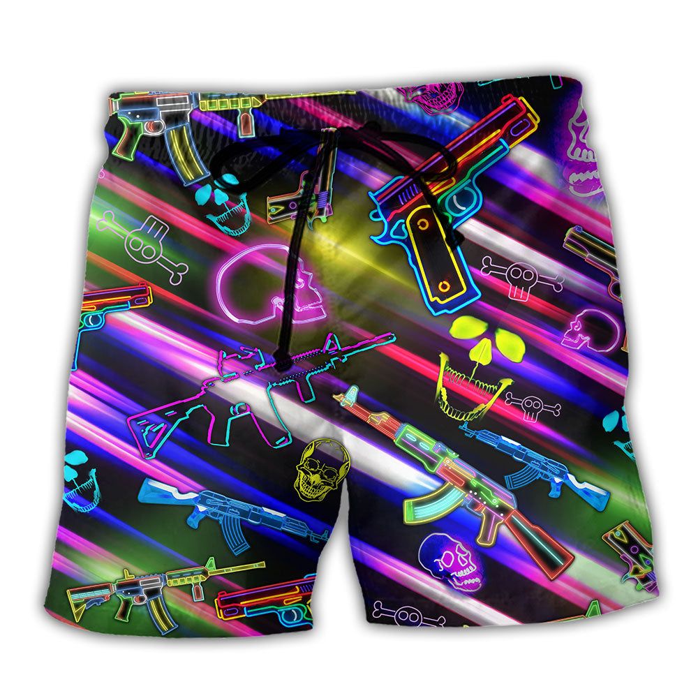 Gun Real Men Don’t Retreat They Reloads Purple Trendy Aloha Hawaiian Beach Shorts