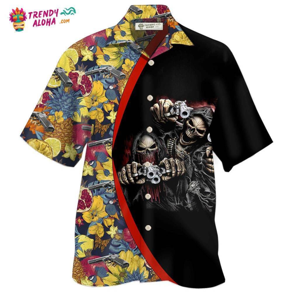 Gun Skull Hand Tropical Gun In Death Hawaiian Shirt – Trendy Aloha Gun Skull Hand Tropical Gun In Death Hawaiian Shirt – Trendy Aloha