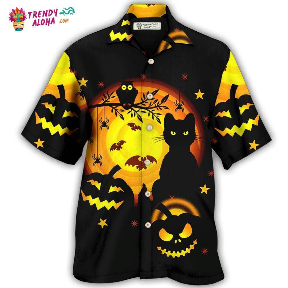 Halloween Awesome Black Cat And Pumpkin Hawaiian Shirt – Trendy Aloha