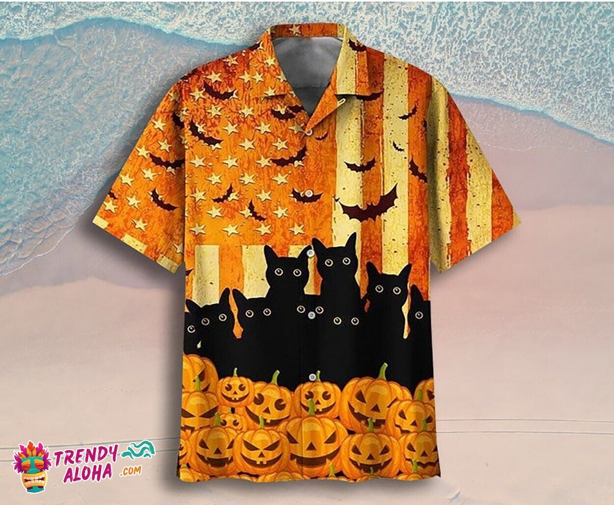Halloween Black Cat & Pumpkin Graphic Tropical Hawaiian Shirt Unisex