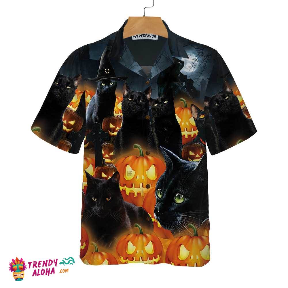 Halloween Black Cat & Pumpkin Hawaiian Shirt, Spooky Halloween Shirt For Men And Women