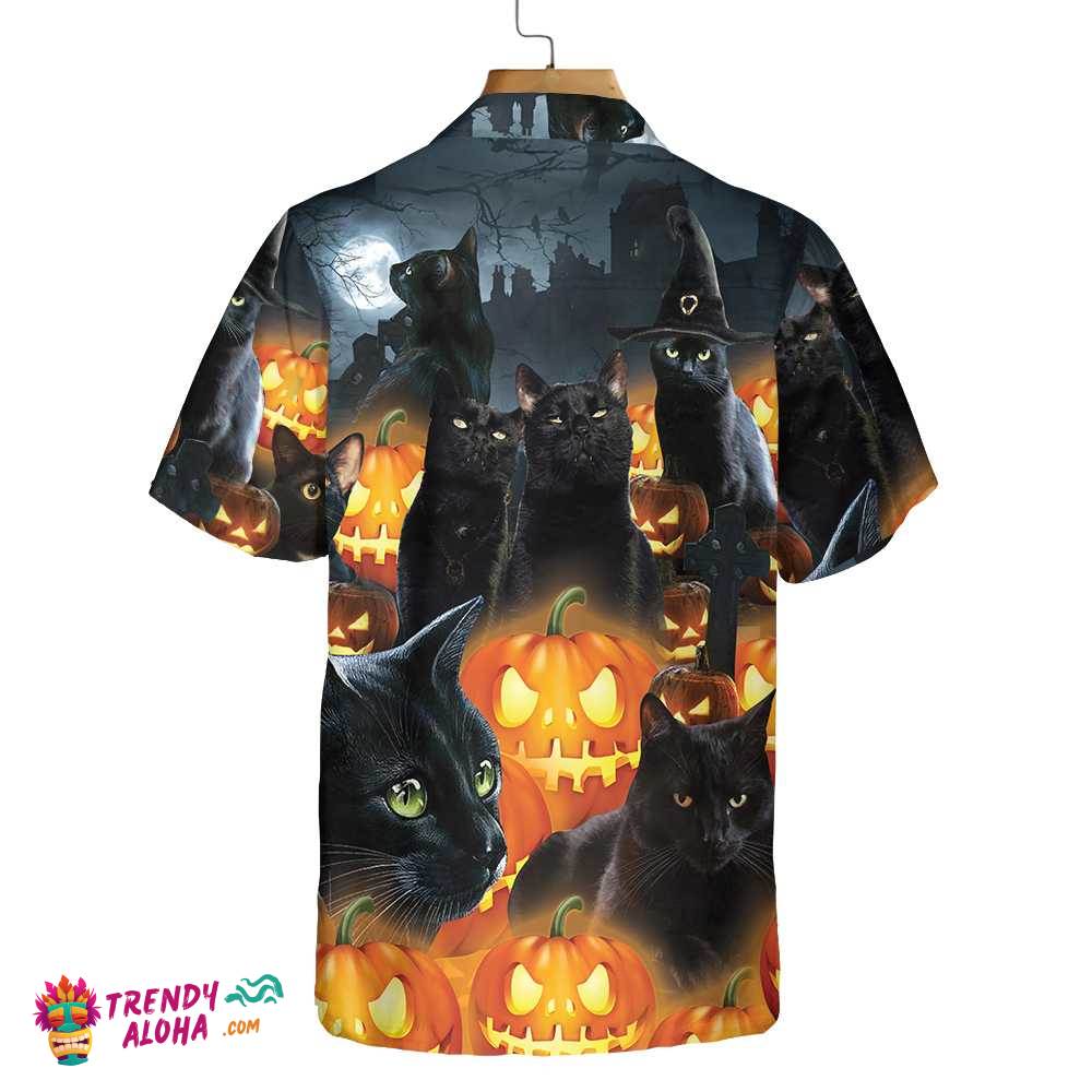 Halloween Black Cat & Pumpkin Hawaiian Shirt, Spooky Halloween Shirt For Men And Women
